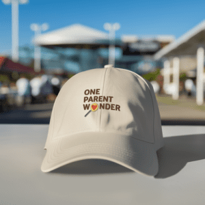 Beige cap with "One Parent Wonder" logo in an outdoor setting.