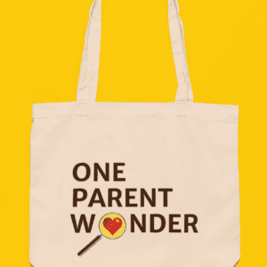 Canvas tote bag with "One Parent Wonder" slogan on yellow background.