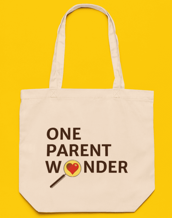 Canvas tote bag with "One Parent Wonder" slogan on yellow background.