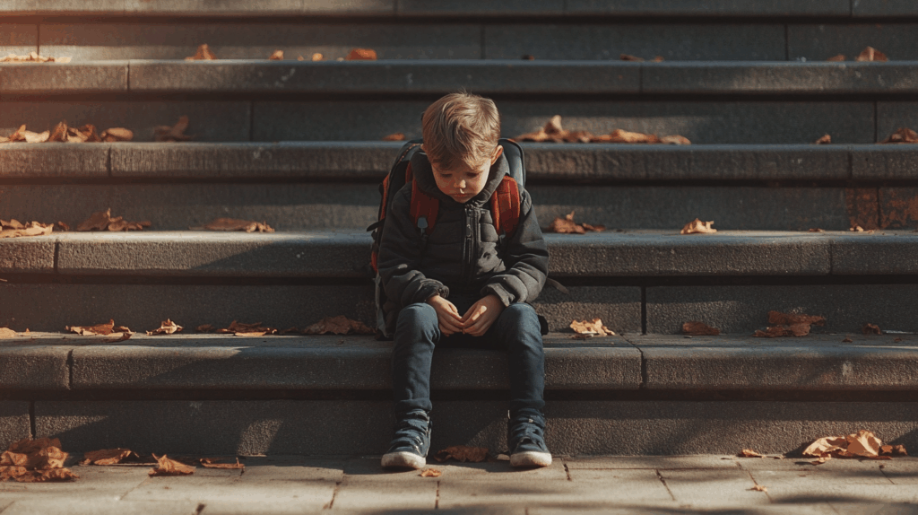Child sitting alone on school steps with backpack, looking down at hands, waiting quietly after school.