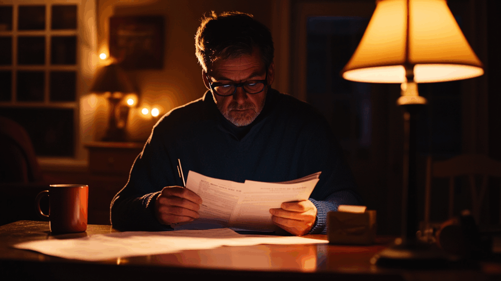 Single dad sitting at desk table at night reviewing bills with coffee mug, paperwork spread out, thoughtful expression.