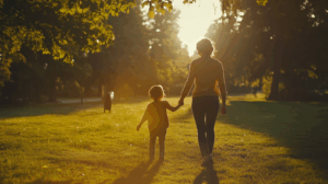 Single mother walking hand-in-hand with her daughter in a sunlit park