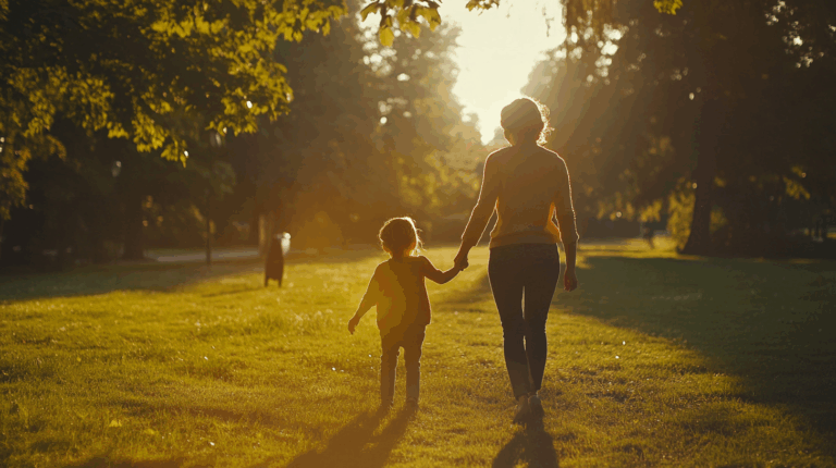 Single mother walking hand-in-hand with her daughter in a sunlit park