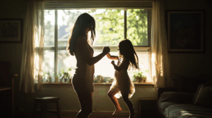 Single parent dancing with young child in cozy living room, playful moment, natural light, casual clothes, candid photo.