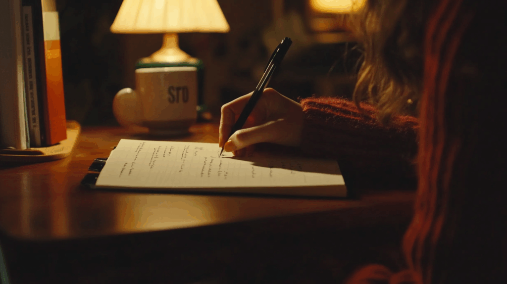 Close-up of single parent’s hands writing in a journal at small desk with warm lamplight, coffee mug, cozy decor.