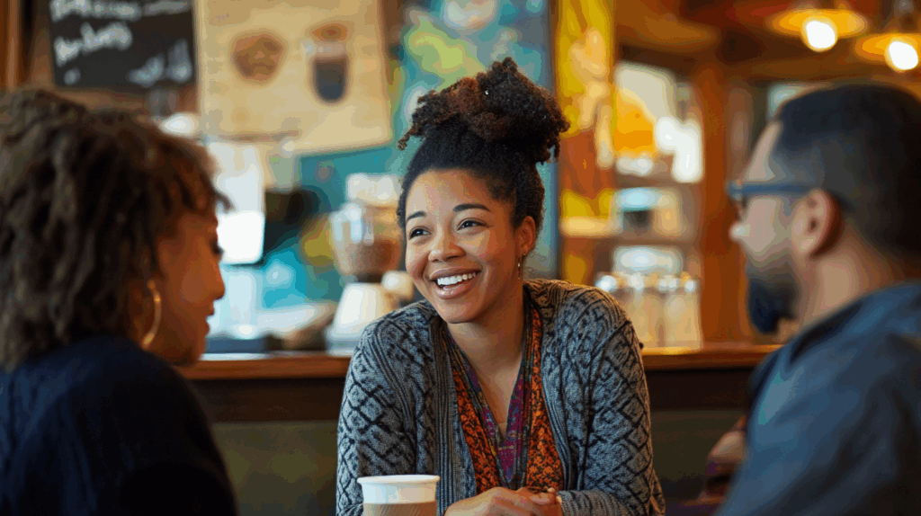 Diverse group of single parents chatting and smiling in a cozy coffee shop, casual setting, natural body language.