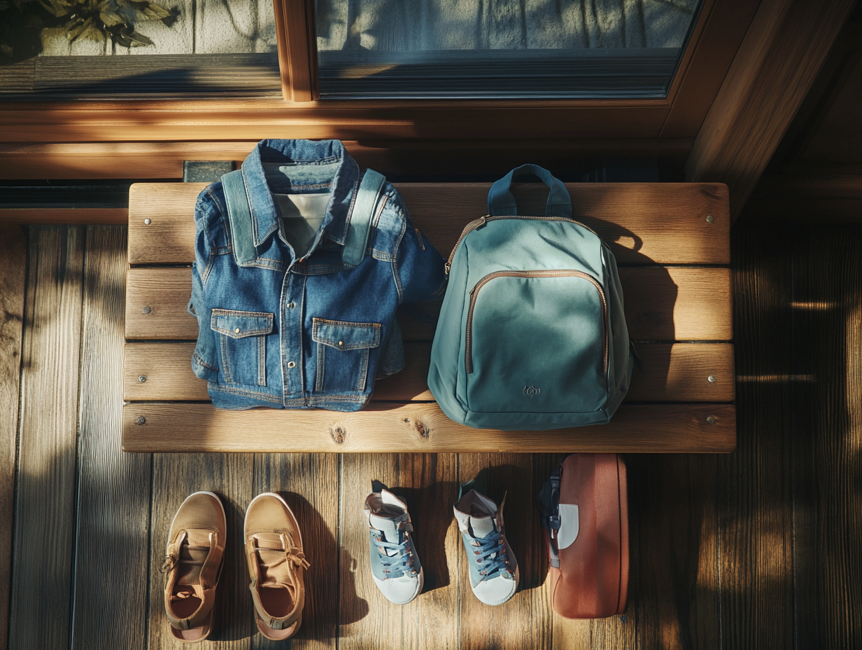 Kid’s outfit, backpack, and shoes neatly arranged on a wooden bench