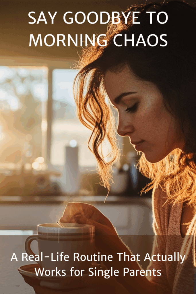 Single mom sipping coffee at sunrise with text overlay about morning routine