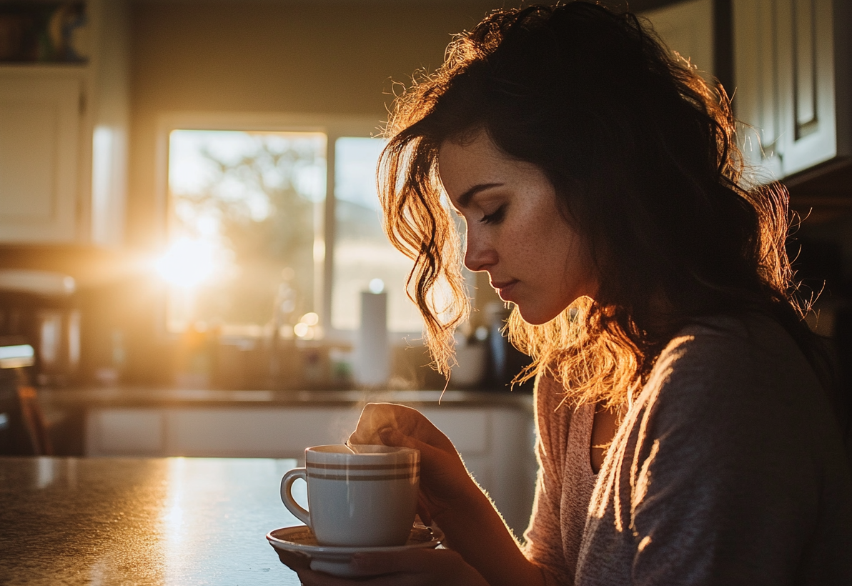 Single mom sipping coffee alone in a quiet kitchen at sunrise