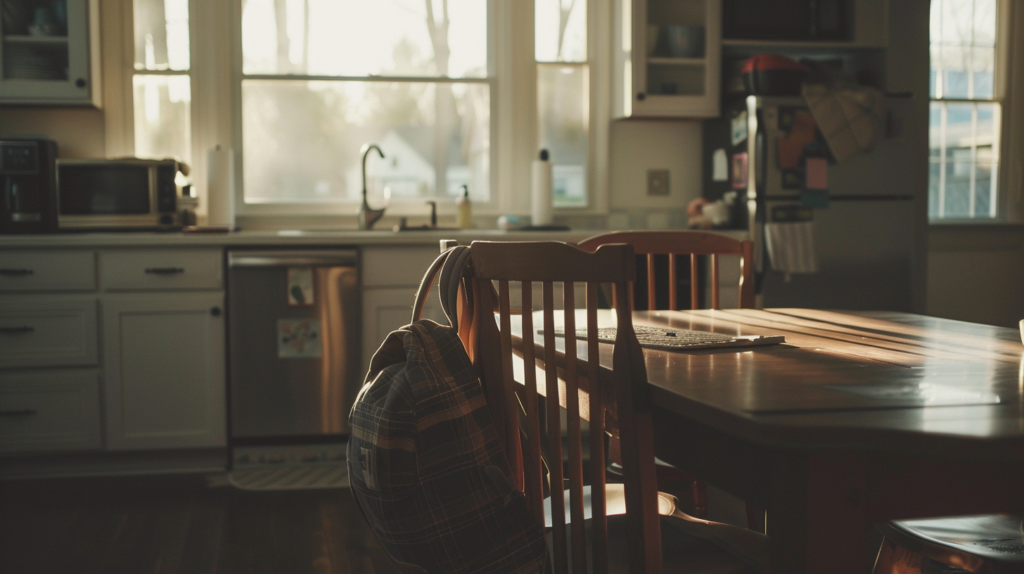 Laptop on a table with a child’s backpack nearby, representing single parent work and childcare responsibility